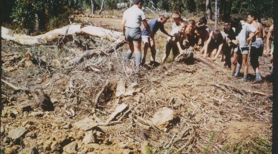 A heritage photo of students helping clear the ground in preparation to build Mazenod College Perth WA